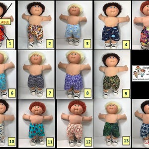 Se adapta como la ropa de muñeca Cabbage Patch Kids; hecho a mano por mí. Traje de baño/pantalones cortos para niño de 16" - SOLO UN traje (usted elige: estampados divertidos para elegir)