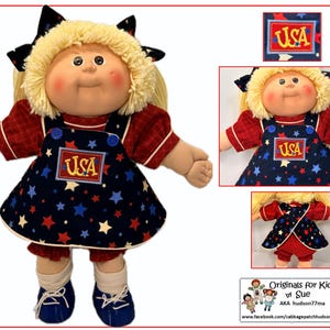 Handmade by me Doll Clothes  to fit like Cabbage Patch Kids 16"; Patriotic Dress outfit; July 4  USA patch machine embroidery