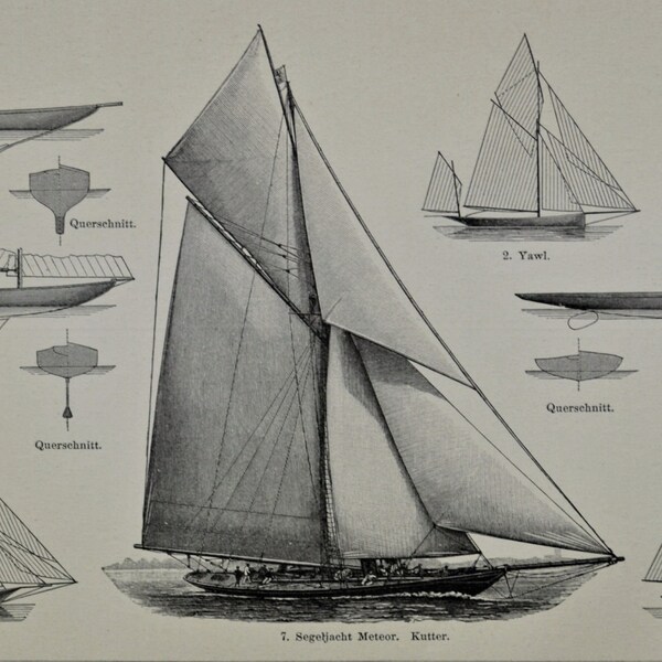 Sailing print. Boating. Old book plate, 1897. Antique illustration. 117 years lithograph. 6 x 9'2 inches.