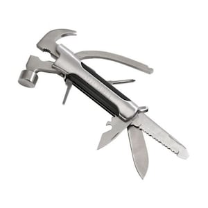 May include: A multi-tool with a hammer, pliers, knife, and other tools. The tool is made of metal and has a black handle.