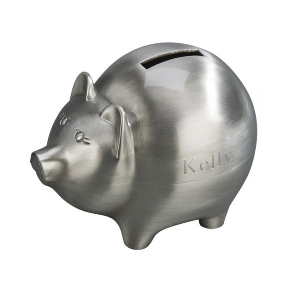 Personalized Piggy Bank Pewter Finish Large 4" H by 5" W