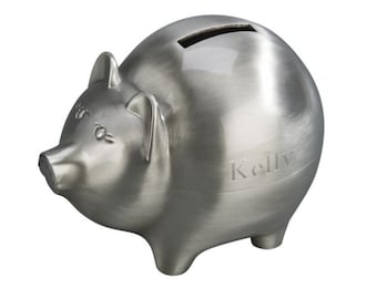 Personalized Small Piggy Bank Pewter Finish  3.75" H by 2.75" W