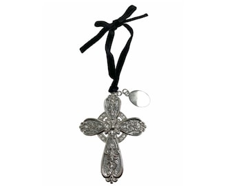 Custom Cross Ornament Silver with clear crystals and black velveteen ribbon Engraved Free