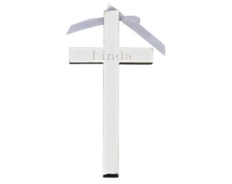 Custom Silver Cross with White Ribbon Name & Date Engraved Free for christening baptism holy communion