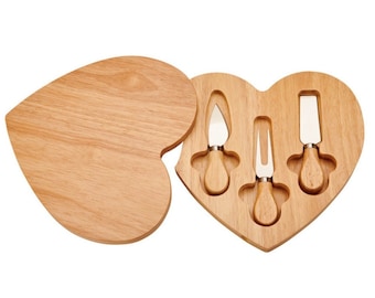 Personalized Wood Cheeseboard Heart Shaped with 3 Tools inside - Bottle Shaped - Engraved Free