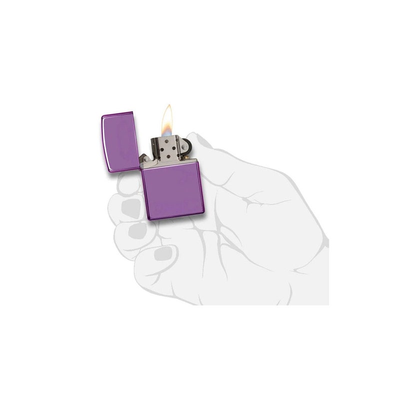May include: A purple lighter with a chrome finish and a flame coming out of the top.
