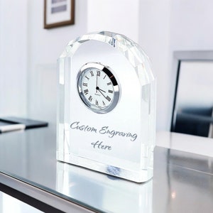 Custom Engraved Optic Crystal Arched Clock 3.75&quot; tall Desk Clock Award Father&#39;s Day Valentine&#39;s Personalized Free