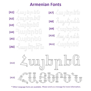 May include: A white graphic showcasing various Armenian font styles. The text "Armenian Fonts" is at the top. Several font examples are displayed, labeled A1 through A13, with the Armenian word "Hayere" in different designs.