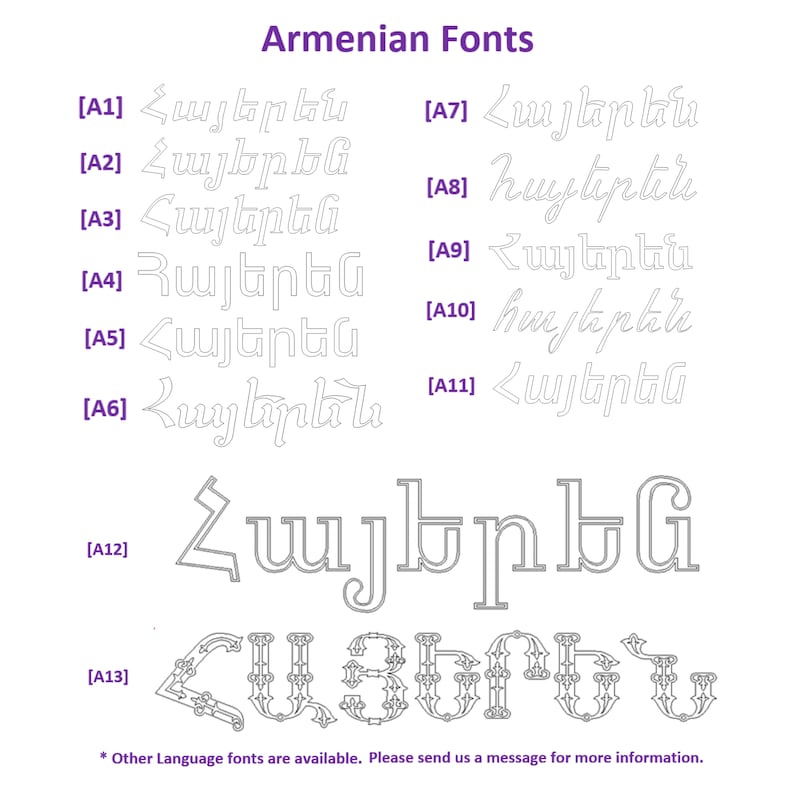 May include: A white graphic showcasing various Armenian font styles. The text "Armenian Fonts" is at the top. Several font examples are displayed, labeled A1 through A13, with the Armenian word "Hayere" in different designs.