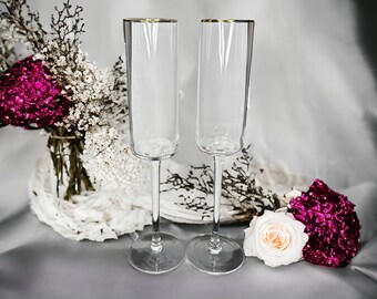 Custom Engraved Champagne Flutes set of 2 - Gold Rim Flutes - 8 oz Stemware Toasting