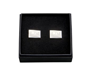 Custom Silver Pair of Rectangular Cuff Links Name or Initials Engraved Free