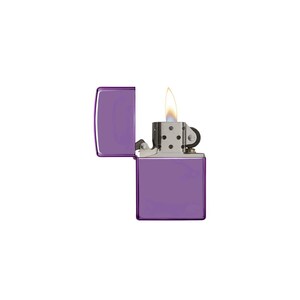 May include: A purple metal lighter with a chrome top and a flame coming out of the top.