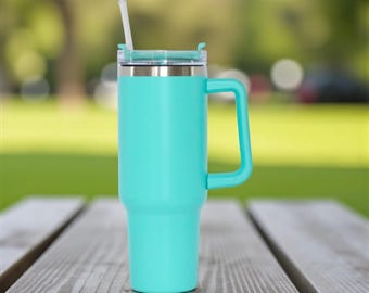 Custom Engraved Travel Mug with Handle 40 oz Stainless Steel Aqua