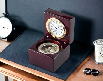 Custom Engraved Square Wood Box with Clock and Compass with Piano finish, 2.75" for Award, graduation gifts, corporate gifts