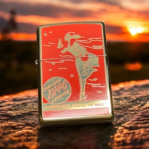 Personalized High Polish Brass Windy Zippo Lighter 1935 pinup girl in Red. Engraved Free. A windproof engraved lighter gift.