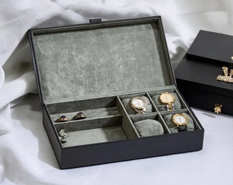 Custom Black Leather Jewelry Box 12" x 6.75" watch box Valentine’s Day Mother’s Day Father’s Day