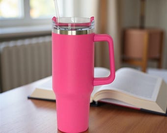 Custom Engraved Travel Mug with Handle 40 oz Stainless Steel Hot Pink