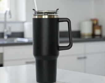 Custom Engraved Travel Mug with Handle 40 oz Stainless Steel Black