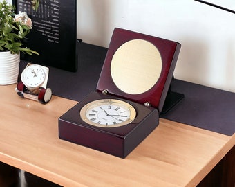 Custom Engraved Square Wood Box with Clock with Piano finish, 2.875" for Award, graduation gifts, corporate gifts