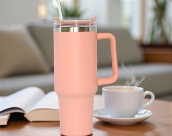Custom Engraved Travel Mug with Handle 40 oz Stainless Steel Peach
