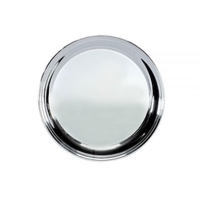 May include: A round, silver serving tray with a raised rim.