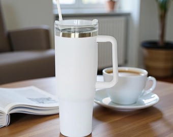 Custom Engraved Travel Mug with Handle 40 oz Stainless Steel White