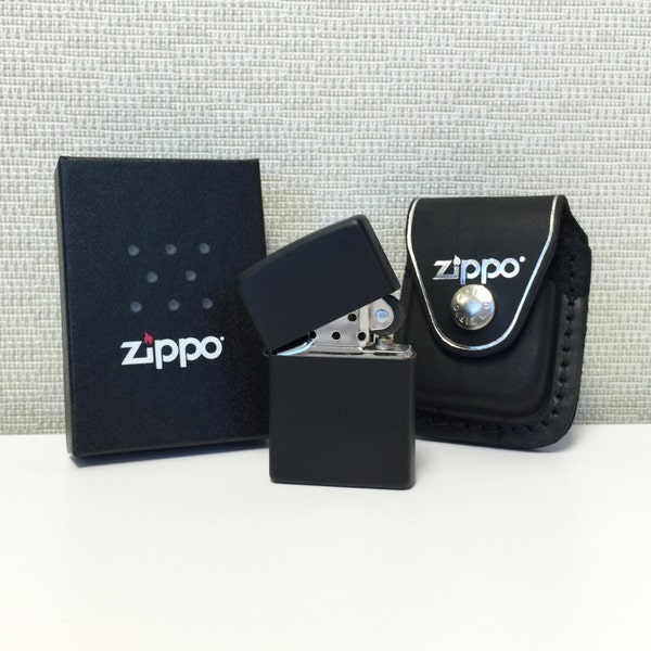 Genuine Black Matte Zippo Lighter Gift Set With Genuine Leather Zippo Lighter Belt Clip Pouch