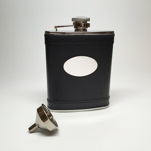 Custom Engraved Flask: Stainless Steel with Black Leatherette, 6 oz