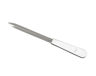 May include: A silver letter opener with a pointed tip and a handle engraved with the letter "J".