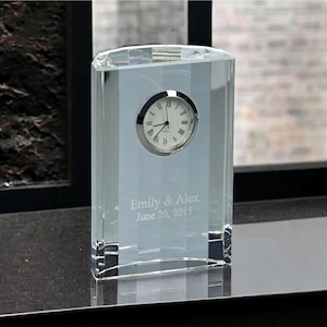 Custom Engraved Optic Crystal Semi Circular Clock 4.5&quot; tall Desk Clock Award Father&#39;s Day Valentine&#39;s Personalized Free