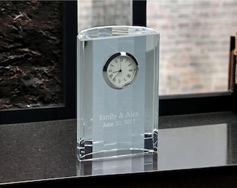 Custom Engraved Optic Crystal Semi Circular Clock 4.5" tall Desk Clock Award Father's Day Valentine's Personalized Free