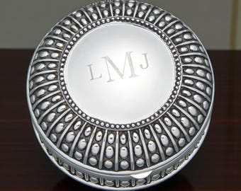 Engraved Beaded Antique Round Box 4.5"