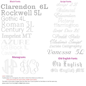 May include: A chart showing different font styles for monograms, including block, script, and old English fonts. The chart includes the font name and the number of letters the font can accommodate. The chart also includes examples of monogram designs.