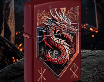 Encendedor Zippo personalizado con diseño de escudo de dragón: regalo grabado y resistente al viento.