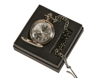 Personalized Pocket watch on 12" chain - Gunmetal engraved free