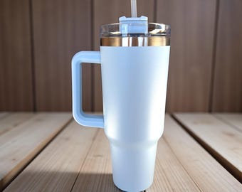 Custom Engraved Travel Mug with Handle 40 oz Stainless Steel Light Blue