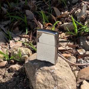 May include: A silver lighter sitting on a rock with a green plant in the background.