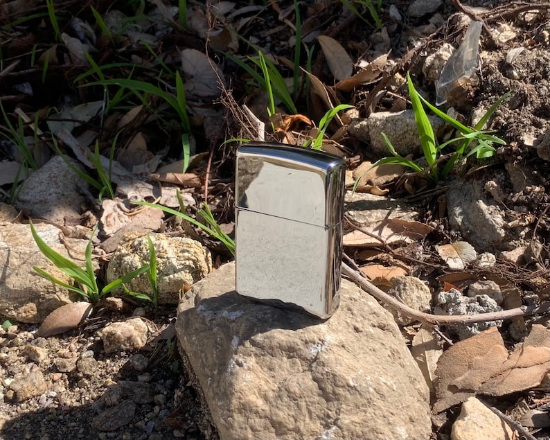 May include: A silver lighter sitting on a rock with a green plant in the background.