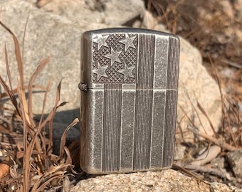 Engraved American Flag Zippo Lighter: Antique Silver Armor, Deep Carve