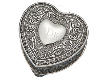 Custom Jewelry Box - Silver with dark blue lined flocked cloth - Engraved free - Genoa Heart Shaped Box