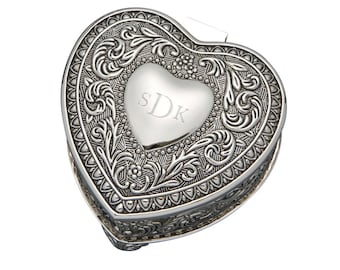 Engraved Silver Heart Jewelry Box: Antiqued Nickel, Blue Velvet Lined