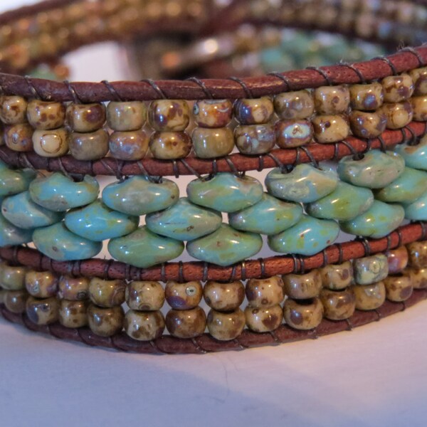 Western style, turquoise superduo beads and brown variegated seed beads, three row cuff, brown leather, handmade, silver buffalo button!