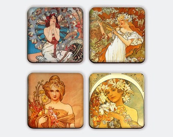 a Romantic  Coasters Including Wooden Stand Set, Alphonse Mucha - Art Nouveau, FREE SHIPPING