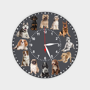 Puede incluir: Un reloj redondo gris con una esfera blanca y números negros. El reloj tiene una manecilla de hora roja y una manecilla de minutos blanca. Hay 12 razas de perros diferentes alrededor de la esfera del reloj.