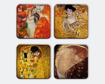 Gustav Klimt - Magnetic Coasters Including Wooden Stand Set, - Romantic Coaster Set, Art Coaster, FREE SHIPPING