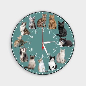 Puede incluir: Un reloj redondo azul verdoso con una esfera blanca y números negros. El reloj tiene una manecilla de hora roja y una manecilla de minutos negra. Hay 12 gatos alrededor de la esfera del reloj, cada uno en una marca de hora diferente.