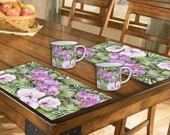 Original gift set, 2 placements +2 enamel cups,  in the design of orchid flowers ,  FREE  SHIPPING