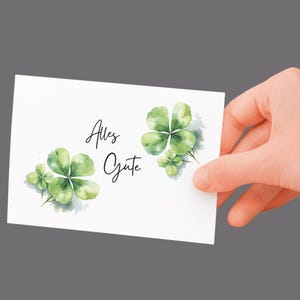 Alles Gute-Postkarte mit Kleeblättern - Glückwunschkarte mit Handlettering und Aquarell - Glückskarte für viele Anlässe - A6