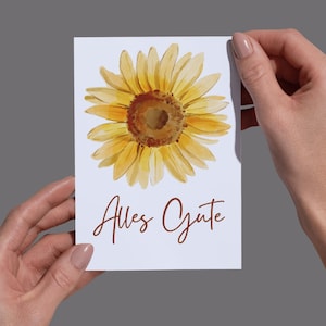 Carte postale « Tous mes vœux » avec tournesol - DIN A6 - pour anniversaires ou félicitations - en option avec enveloppe