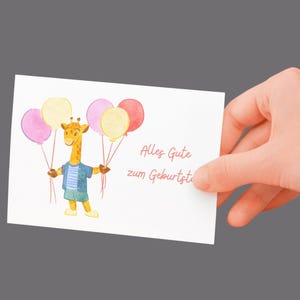 Tarjeta de cumpleaños de jirafa con globos - DIN A6 - Postal "Feliz cumpleaños" - Opcionalmente con sobre
